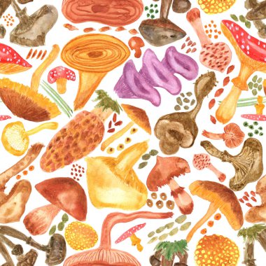 Mantarlı kusursuz suluboya arka plan. Kumaş, duvar kâğıdı, hediye ambalajı, davetiye, tekstil, koleksiyon kitabı yapmak için desen. Beyaz arkaplanda izole.