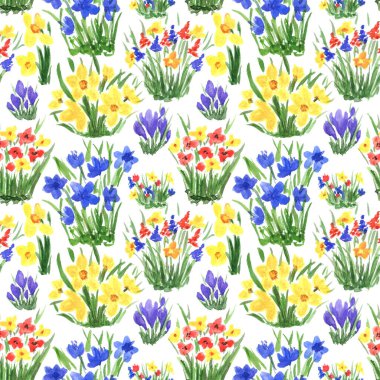 Su klonu rengarenk bahar çiçeklerinin pürüzsüz deseni. Kumaş, tekstil, dekupaj, duvar kâğıtları, baskı, hediye paketi, davetiyeler, tekstil.