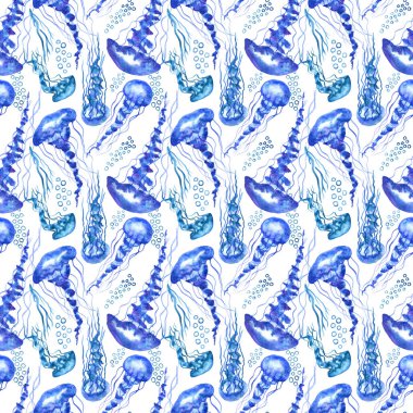  Kusursuz denizanası deseni. Medusa 'nın renkli suluboya çizimi. Dövme tasarımı için çiz, kumaş, tekstil, dekupaj, duvar kağıdı, baskı, hediye paketi, davetiyeler, tekstil. Beyaz arkaplanda izole.