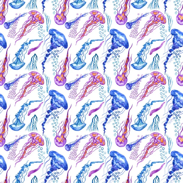 Modello Senza Soluzione Continuità Meduse Illustrazione Acquerello Colorato Medusa Disegna — Foto Stock