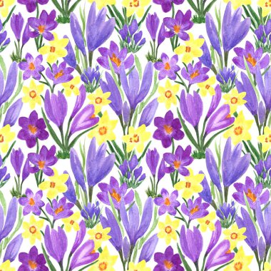 Su klonu rengarenk bahar çiçeklerinin pürüzsüz deseni. Kumaş, tekstil, dekupaj, duvar kâğıtları, baskı, hediye paketi, davetiyeler, tekstil.