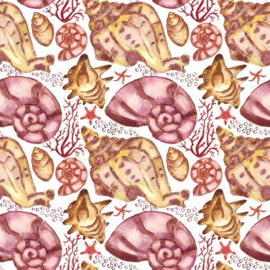 Suluboya deniz kabukları ve deniz yıldızlarının pürüzsüz desenleri. Kumaş, tekstil, dekupaj, duvar kağıtları, baskılar, hediye ambalaj kağıtları, davetiyeler, tekstil için deniz yıldızlarının renkli çizimleri. 