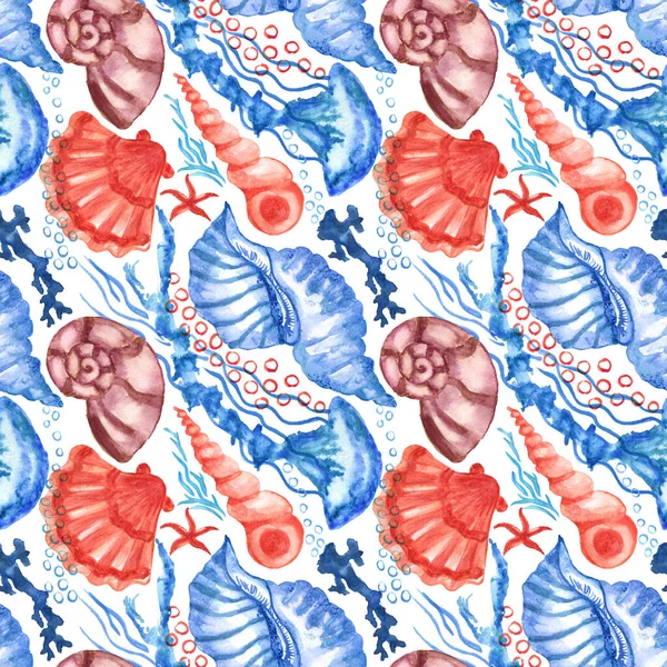 Suluboya Deniz Kabukları Deniz Yıldızlarının Pürüzsüz Desenleri Kumaş Tekstil Dekupaj — Stok fotoğraf