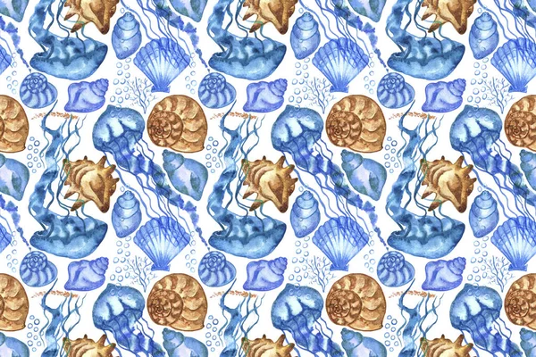 Морские Ракушки Медузы Акварелью Цветная Иллюстрация Подводных Раковин Кораллов Создания — стоковое фото