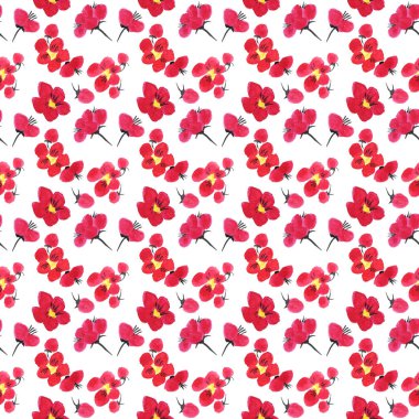 Sakura 'nın kusursuz deseni. Pembe ve kırmızı şekillendirilmiş erik mei çiçekleri ve yabani kayısılar. Suluboya ve mürekkep çizimi stil sumi-e, u-sin. Geleneksel doğu resmi.  