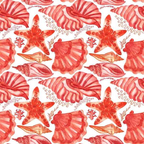 Marine Background Seashells Starfishes Corals Watercolor Seamless Pattern Perfect Creating — 스톡 사진