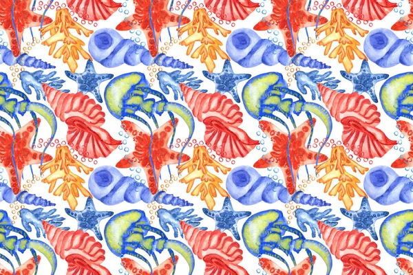 Marine background with seashells, starfishes and corals. Watercolor seamless pattern. Perfect for creating fabrics, textile, decoupage, wallpapers, print, gift wrapping paper, invitations, textile.