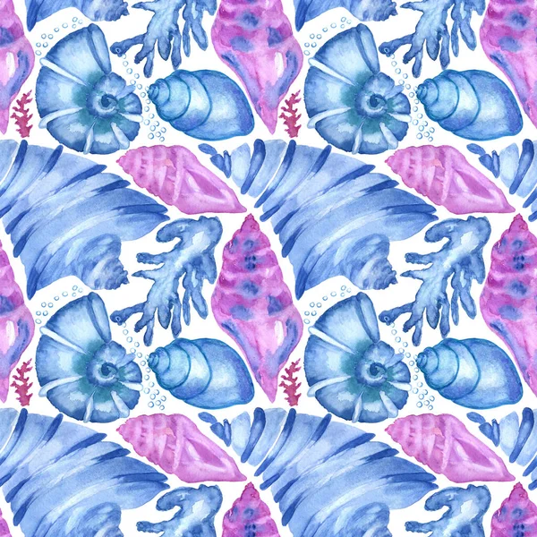 Marine Background Seashells Starfishes Corals Watercolor Seamless Pattern Perfect Creating — 图库照片