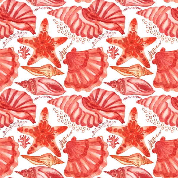 Marine Background Seashells Starfishes Corals Watercolor Seamless Pattern Perfect Creating — Stockfoto