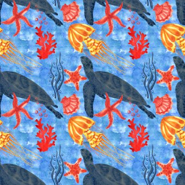 Marine background with sea turtle, shells, jellyfish and corals. Watercolor seamless pattern. Isolated on white background. Perfect for creating fabrics, textile, decoupage, wallpapers.  clipart