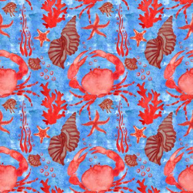 Deniz kaplumbağaları, deniz kabukları, yengeçler ve mercanlarla donatılmış. Suluboya kusursuz desen. Kumaş, tekstil, dekupaj, duvar kâğıtları, baskı, hediye ambalajı, davetiyeler yapmak için mükemmel.