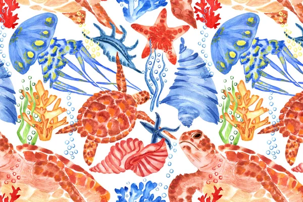 Marine Background Sea Turtle Shells Jellyfish Corals Watercolor Seamless Pattern — Stock Photo, Image