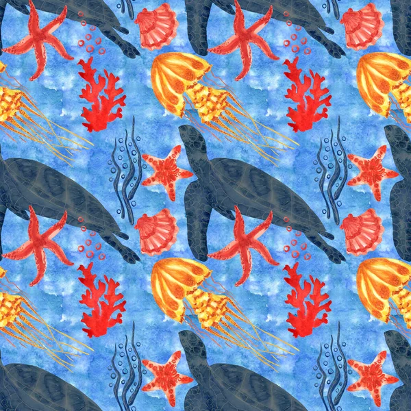 有海龟 水母和珊瑚的海洋背景 水彩画无缝图案 被白色背景隔离 完美的面料 纺织品 墙纸的制作 — 图库照片