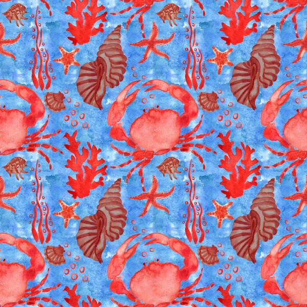 Tengeri Háttér Tengeri Teknős Kagylók Rákok Korallok Akvarell Zökkenőmentes Minta — Stock Fotó