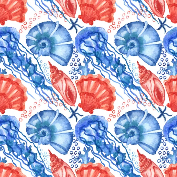 水色海贝壳和海星无缝图案 说明水母和海星用于制作织物 纺织品 印刷品 礼物包装纸 邀请函 — 图库照片