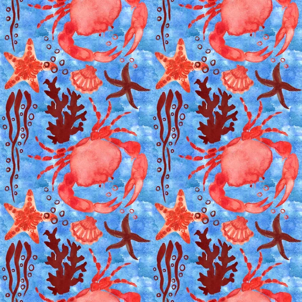 有海龟 螃蟹和珊瑚的海洋背景 水彩画无缝图案 完美的面料 纺织品 印刷品 礼品包装纸 邀请函 — 图库照片