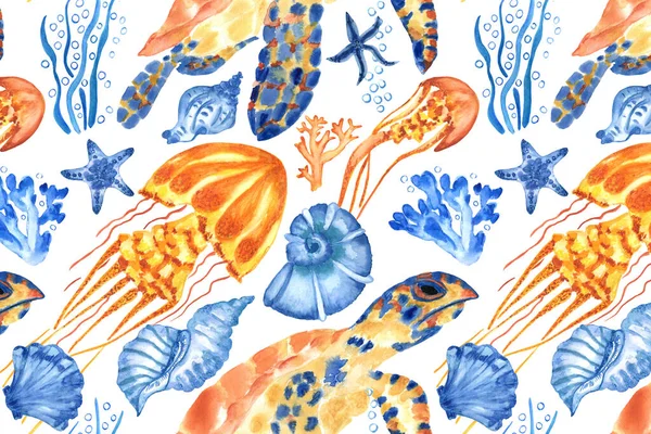 有海龟 水母和珊瑚的海洋背景 水彩画无缝图案 被白色背景隔离 完美的面料 纺织品 墙纸的制作 — 图库照片