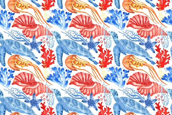 Marine Background Sea Turtle Shells Jellyfish Corals Watercolor Seamless Pattern — Stock Photo, Image