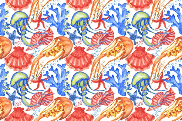 水色海贝壳和海星无缝图案 说明水母和海星用于制作织物 纺织品 印刷品 礼物包装纸 邀请函 — 图库照片