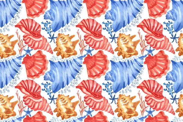 Marine Hintergrund Mit Muscheln Und Korallen Aquarell Nahtloses Muster Vereinzelt — Stockfoto