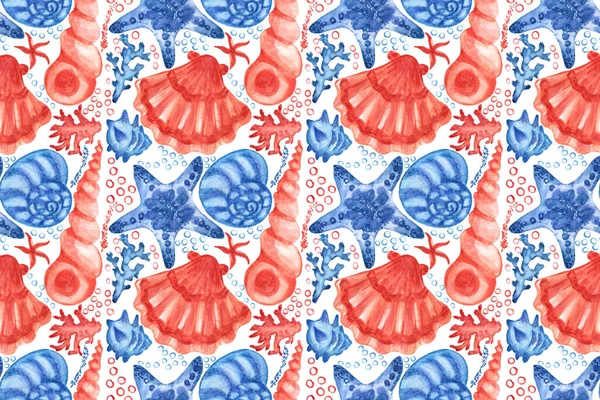 Vízszínű Kagylók Tengeri Csillagok Zökkenőmentes Mintát Kagylók Tengeri Csillagok Illusztrációja — Stock Fotó