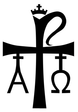 XP, erken dönem Hıristiyan işaretidir. Chi Ro, Chrism veya Chrismon. İsa Mesih 'in adının baş harfleri. Ben Alfa ve Omega 'yım. İncil 'deki harfler. Vektör tasarımı. Beyaz arkaplanda izole.