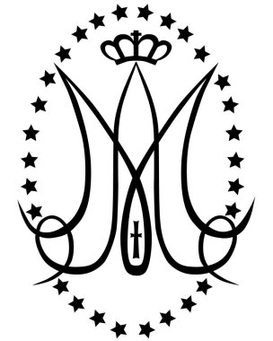 Ave Maria. Kutsanmış Bakire Meryem 'in taç, haç ve yıldızlı monogramı. Dini işaretler. Vektör tasarımı.