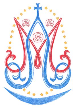 Ave Maria. Kutsanmış Bakire Meryem 'in taç, haç ve yıldızlı monogramı. Dini işaretler. Vektör tasarımı.