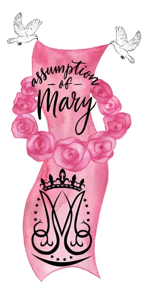 Handwritten Lettering Assumption Mary Watercolor Pink Flag Roses Monogram Blessed — Stockfoto