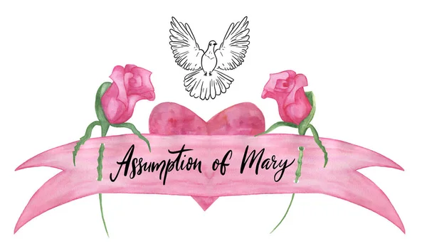 Handwritten Lettering Assumption Mary Watercolor Pink Flag Dove Roses Religious — Stockfoto