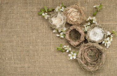 Çuval bezi arka plan üzerinde kuş yuva