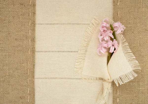 Delicate pink hyacinth on a background framework of coarse burlap with space for text — Stock Photo, Image