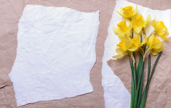 Bouquet of yellow daffodils on crumpled paper with space for text — Stock Photo, Image