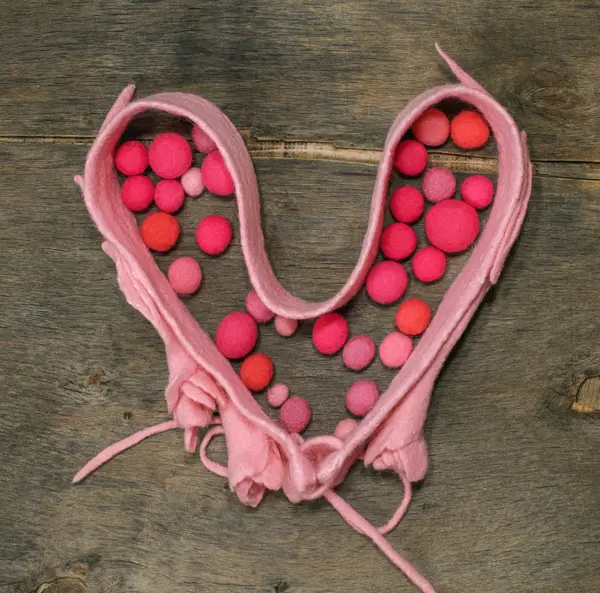 Ceinture rose avec des perles en forme de coeur et feutrées sur le fond en bois — Photo