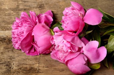 Ahşap arka plan üzerinde pembe peonies