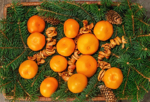 Orange tangerines, dried apples and fir branches — Stock Photo, Image