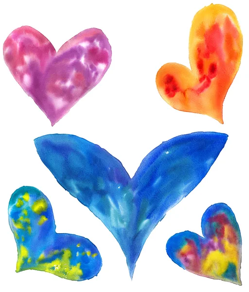 Aquarel geschilderd kleur harten, elementen voor uw Valentijnskaarten. Geïsoleerd op witte achtergrond. — Stockfoto