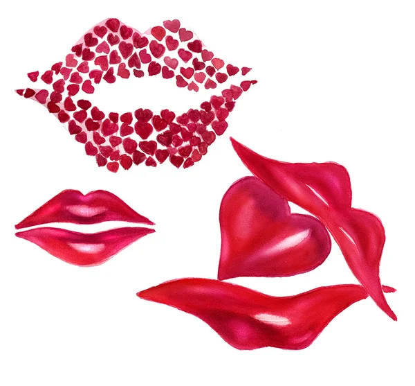 Stilisierte weibliche sexy Lippen und Herzen. sinnlich geöffneter Mund. Lippenstift oder Lipgloss. Aquarellmalerei. isoliert auf weißem Hintergrund — Stockfoto