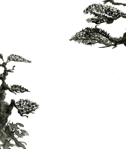 Ramas de pinos aislados sobre fondo blanco con espacio para el texto.. Dibujo de tinta en el estilo chino . —  Fotos de Stock