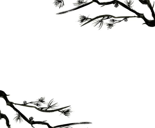 Ramos de pinheiros isolados em fundo branco com espaço para texto. Desenho de tinta no estilo chinês . — Fotografia de Stock