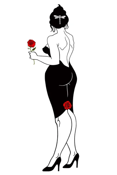 Μια Κομψή Γυναίκα Ένα Βραδινό Φόρεμα Τριαντάφυλλο — Διανυσματικό Αρχείο