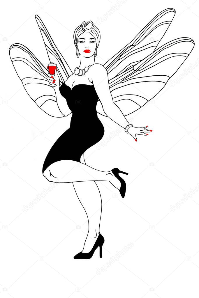 A beautiful, graceful woman in an evening dress with a glass of wine. A metaphor. Dragonfly.