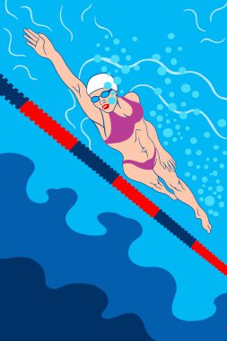 Yüzme havuzunda yarışma. Kadın bir yüzücü..