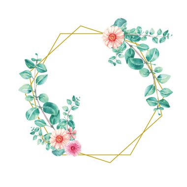 Düğün davetiyesi süsü için altın geometrik çerçeve okaliptüs yeşili