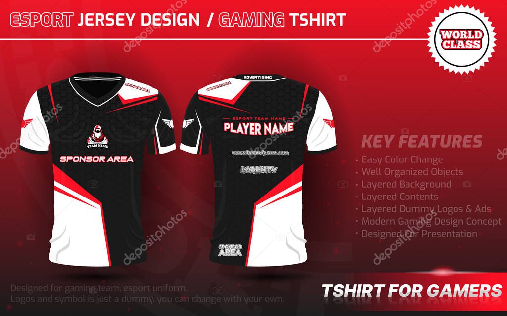 Gaming T-Shirt Design Template, Bikers Uniform, Jersey for Gamers with Red, Black and White
