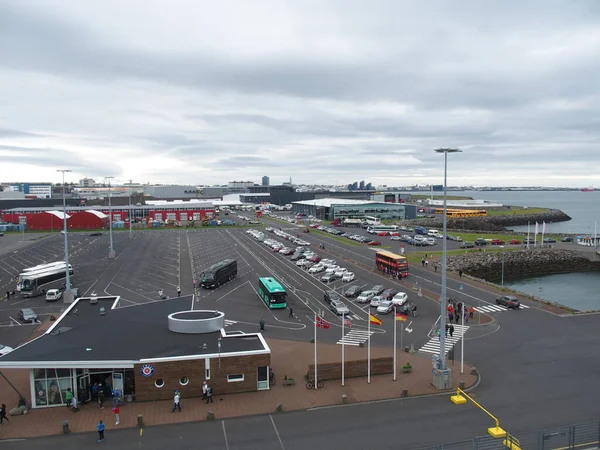 Cars and buses waiting in front of the Reykjavik cruise pier, Iceland 