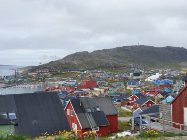 Qaqortog, İzlanda 'nın birçok tepesinden şehrin renkli evlerine doğru bak.