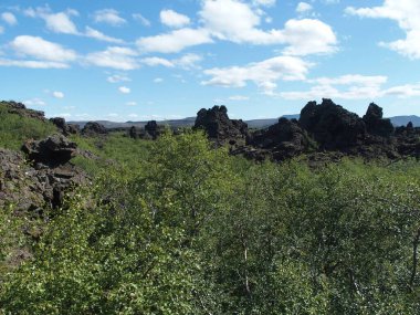 İzlanda, Dimmuborgir 'de serinletilmiş bir lav gölünün kalıntıları büyük, tuhaf şekiller oluşturur.
