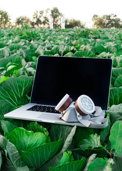 Computadora Portátil Abierta Con Máscara Química Protectora Encuentra Campo Con — Foto de Stock