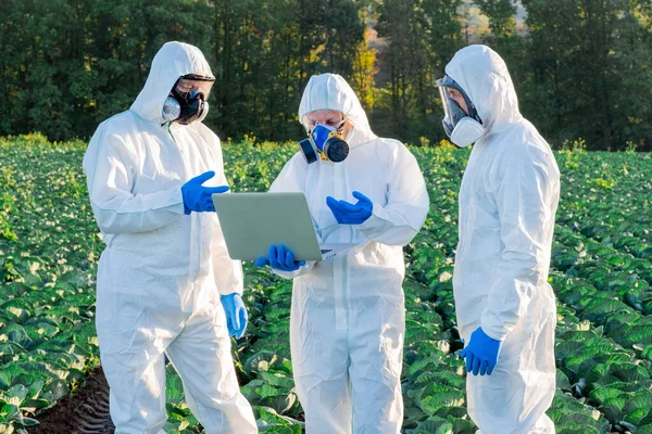 Scientist Agronomists Wearing White Protective Equipment Chemical Mask Glasses Use — Stock Photo, Image